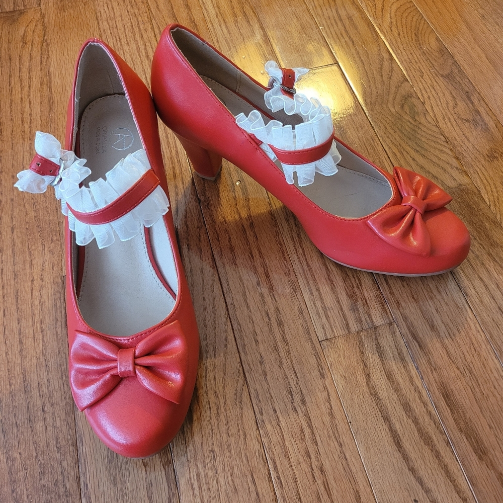 Red Low Heeled Pumps with Ruffled Ankle Strap Size 10